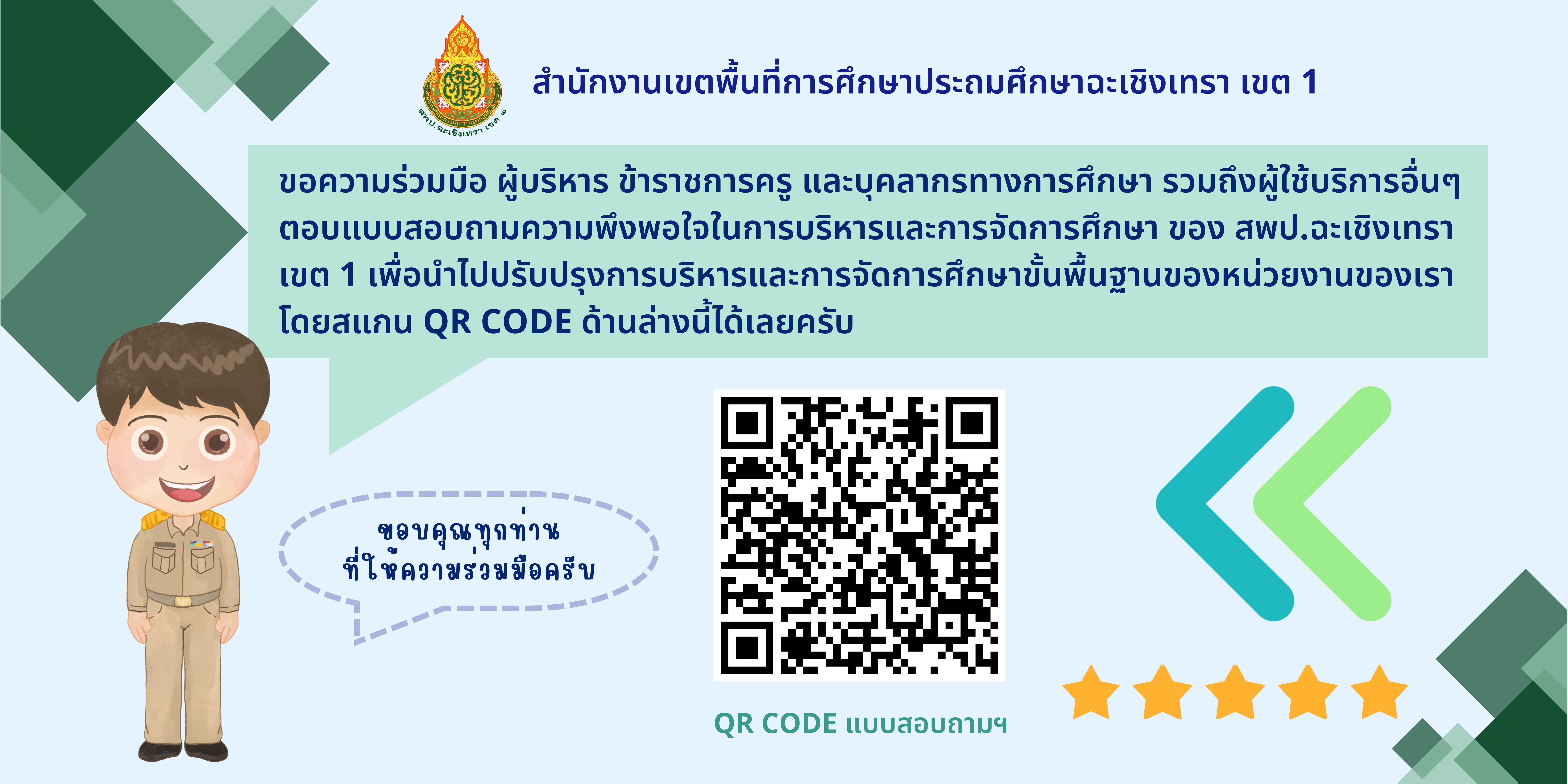 ขอความร่วมมือ ผู้บริหาร ข้าราชการครู และบุคลากรทางการศึกษา รวมถึงผู้ใช้บริการอื่นๆ ตอบแบบสอบถามความพึงพอใจในการบริหารและการจัดการศึกษา ของ สพป.ฉะเชิงเทรา เขต 1 