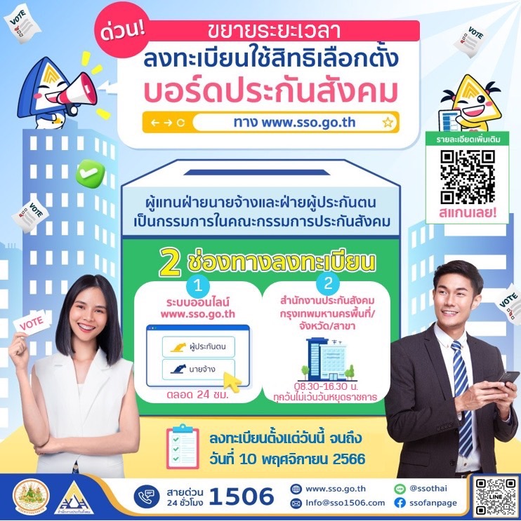 ‼️สำนักงานประกันสังคม‼️ ขยายเวลาการลงทะเบียนเพื่อใช้สิทธิเลือกตั้งและขยายเวลาการรับสมัครเลือกตั้ง บอร์ดประกันสังคม ตั้งแต่วันนี้ถึงวันที่ 10 พฤศจิกายน 2566